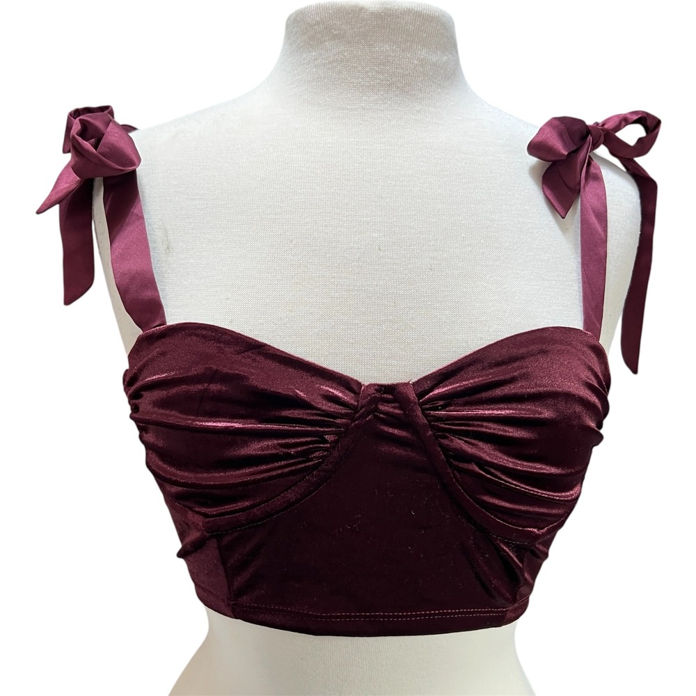 Garage Burgundy Velvet Bustier Crop Top Tie Shoulder Petite Sm Coquette Romantic